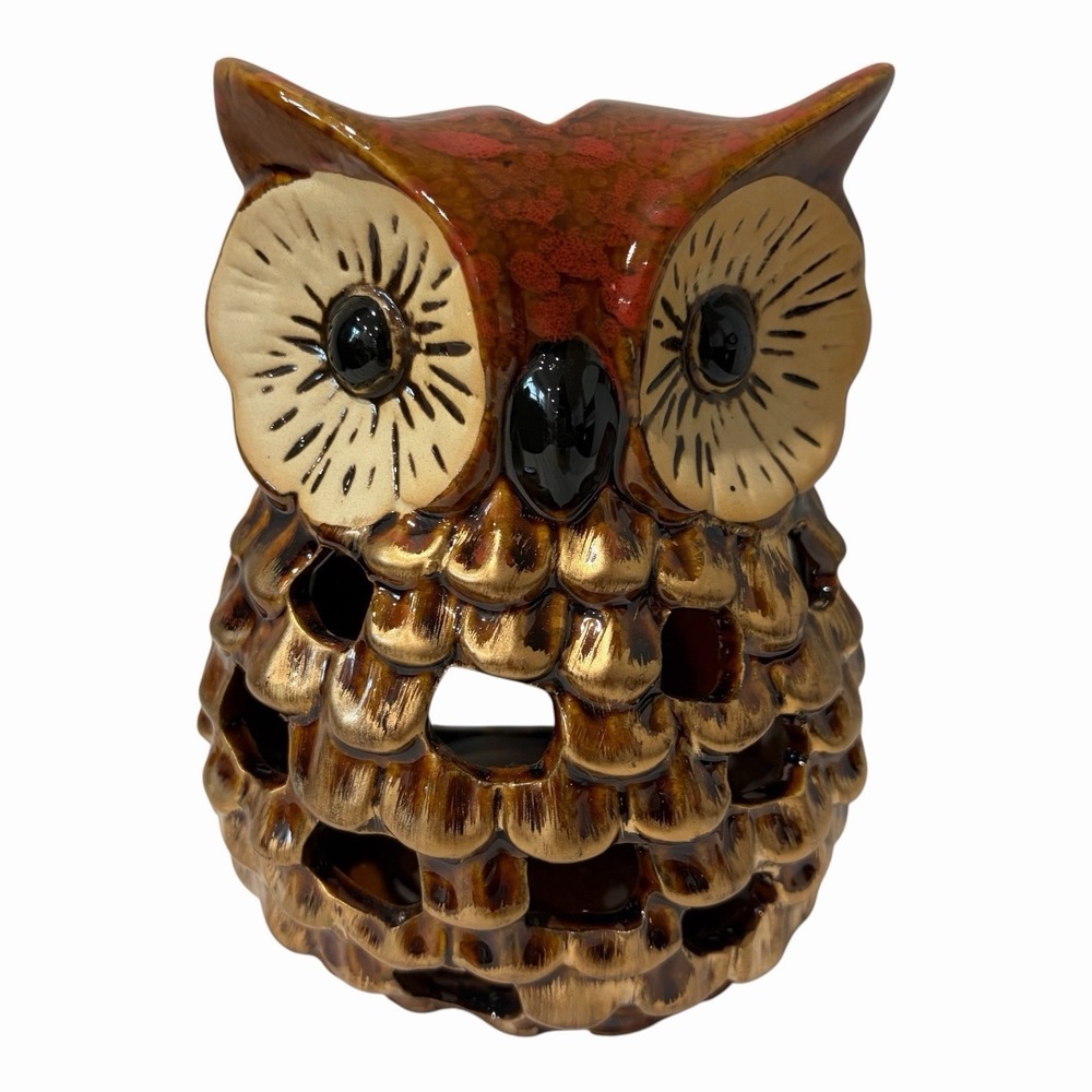 Ceramic OWL Votive Tea Light Candle Holder Lantern vtg 7" Tall Brown MCM